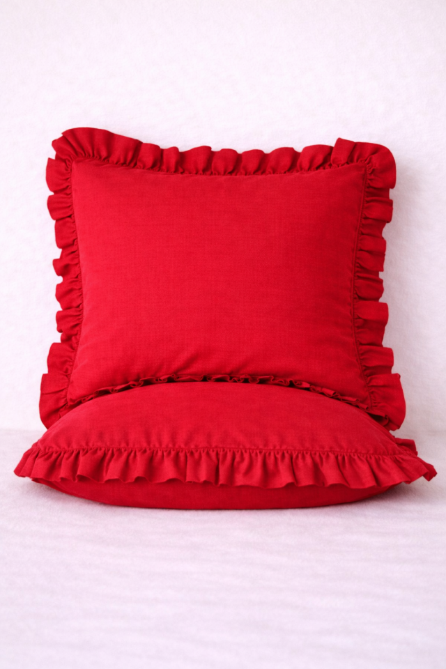 %100 PAMUK FIRFIRLI KIRMIZI YASTIK KILIFI (1 ADET)